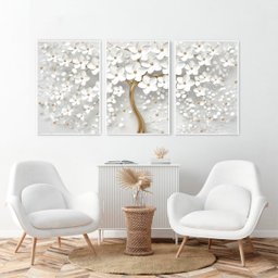 Quadro Decorativo Flores Cerejeiras Brancas e Douradas Premium 3 Peças - 1