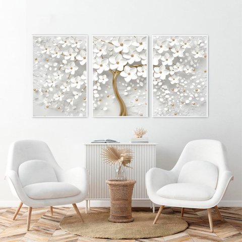Quadro Decorativo Flores Cerejeiras Brancas e Douradas Premium 3 Peças