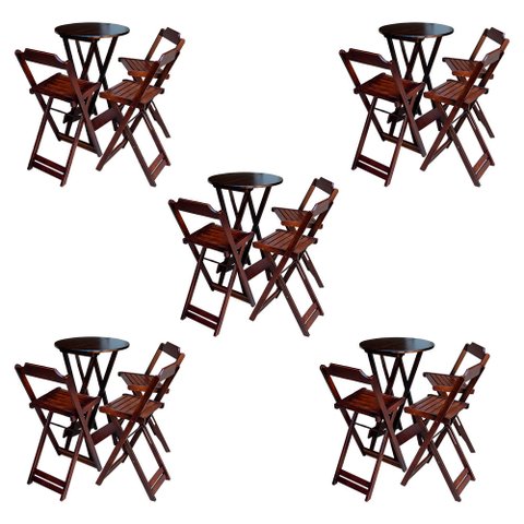 Kit 5 Jogos de Mesa Bistrô de Madeira Dobrável com 3 Banquetas - Imbuia