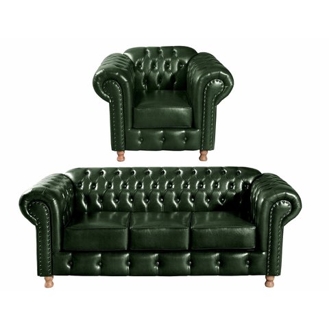 Kit Sofá Luis XV Chesterfield 3 Lugares + 1 Poltrona Decoração Barbearia Sala - Couríssimo Verde
