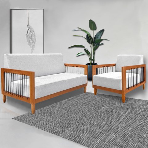 Conjunto Poltrona e Namoradeira Sala de Estar Pés Madeira Maciça Corda Náutica Preta 160cm Manila Li