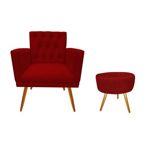 Kit Poltrona Decorativa Nina Capitonê + Puff Redondo Suede Vermelho Pés Madeira Ms Decor