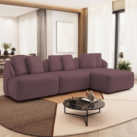 Sofá 4 Lugares com Chaise Direito Sala Living 288cm Arlo F04 Veludo Lilás - Lyam Decor