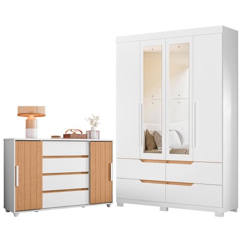Guarda Roupa Solteiro Doble 04 Portas com Espelho e Cômoda Evidenza Branco Freijo Flex- Móveis