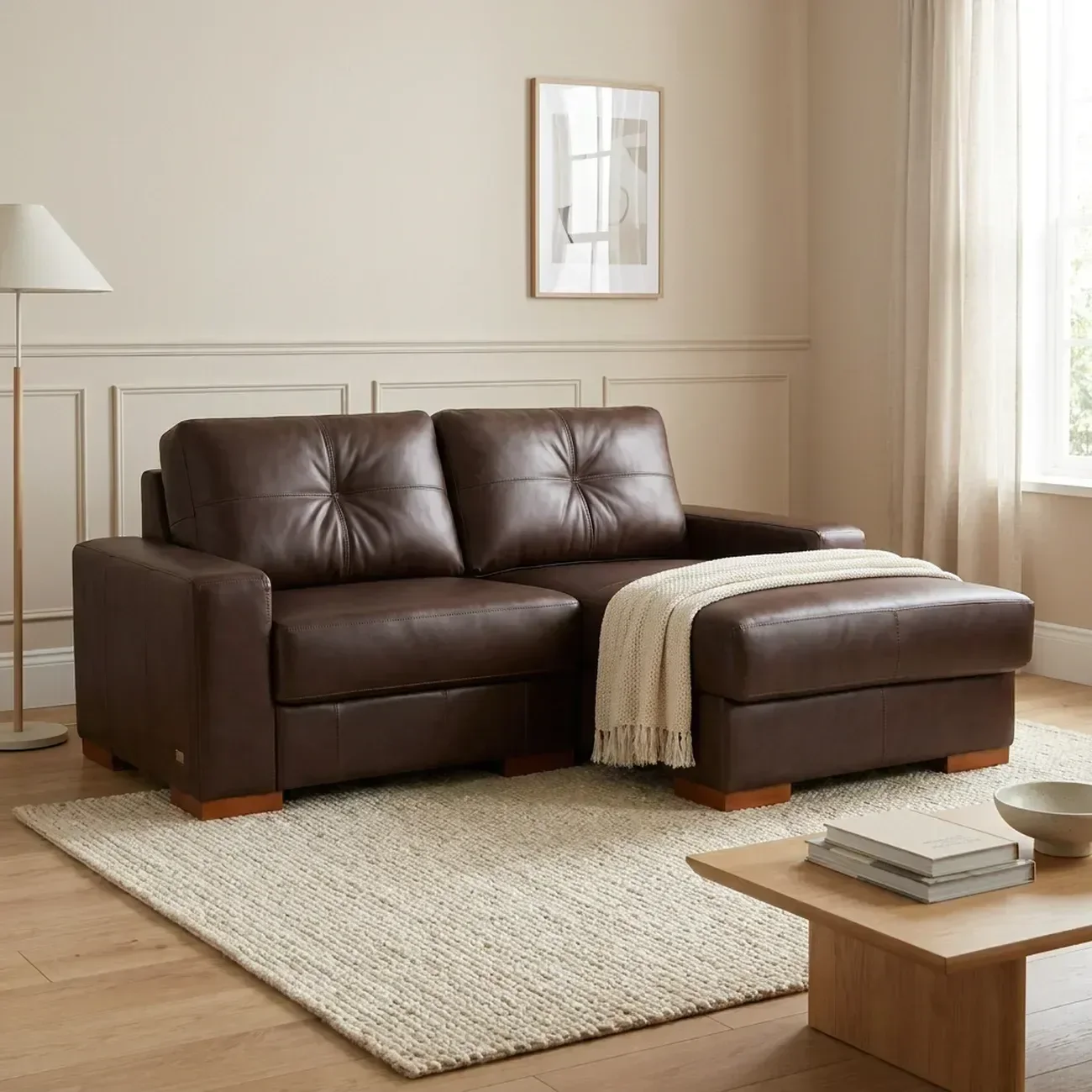 Sofá Modular 3 Lugares 200cm com Chaise Couro Legítico Fênix Marrom/Caramelo