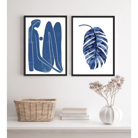 Conjunto 2 Quadros Arte Moderna Minimalista azul 24x18cm:madeira Branca