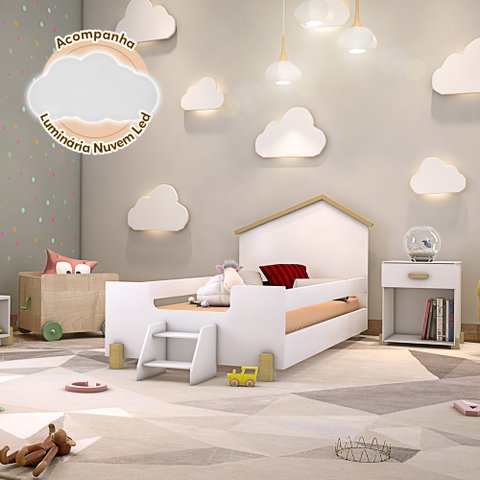 Cama de Criança Infantil com Escadinha Juvenil Ayla Branca e Natural Acompanha Luminária Led