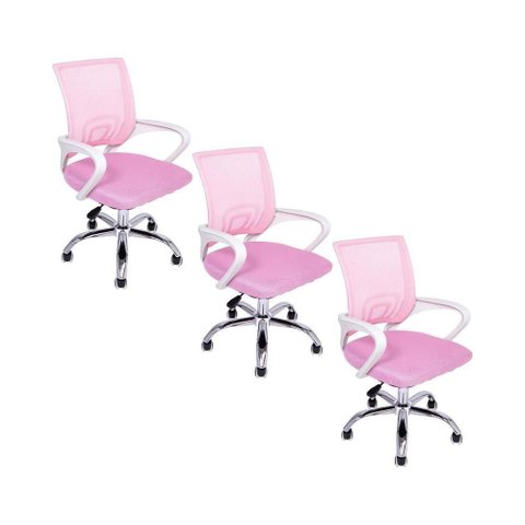 Cadeira de Escritório Oficial Begônia Ergonômica Tela Mesh Base Giratória com Ajuste Rosa Kit 3