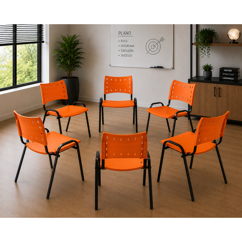 Kit com 6 Cadeiras Iso para Escola Escritório Comércio Laranja Base Preta