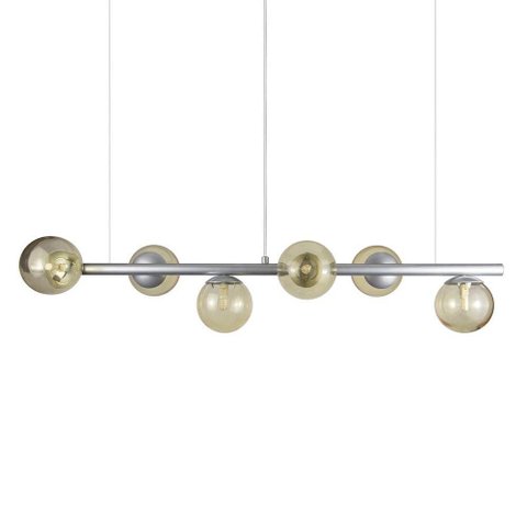 Lustre Pendente Figo Prata - 6 Globos Esfera de Vidro Âmbar