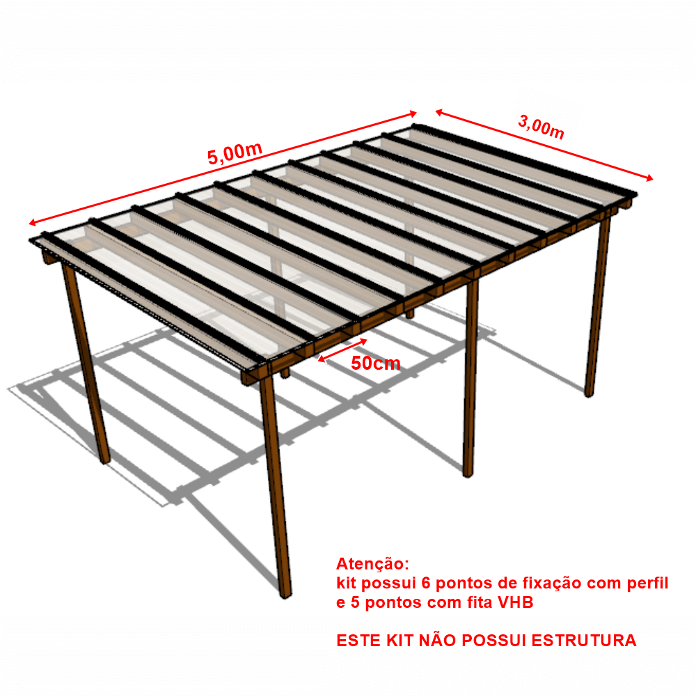 Cobertura Policarbonato Alveolar 5,00m x 3,00m - Cristal 4mm - 2