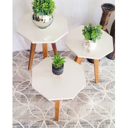 Trio de Mesas Laterais Azuma Decor na Cor Off White Geometrica com Pé em Madeira - 3