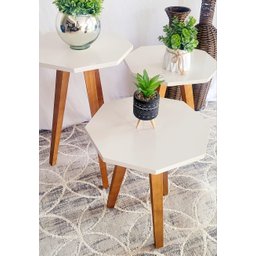 Trio de Mesas Laterais Azuma Decor na Cor Off White Geometrica com Pé em Madeira - 2