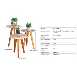 Trio de Mesas Laterais Azuma Decor na Cor Off White Geometrica com Pé em Madeira - 6