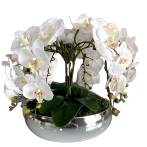 Arranjo Grande 6 Flores Orquídeas Real Branca Vaso Prata