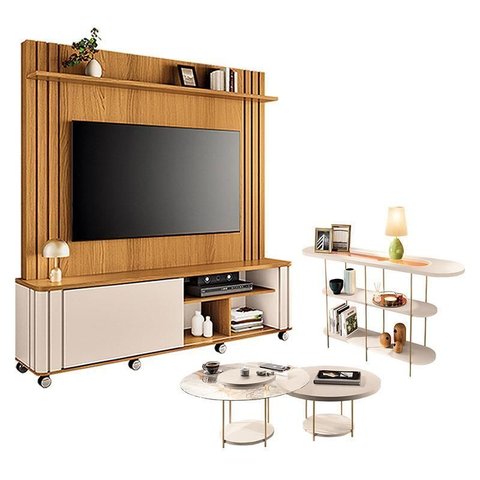 Estante Home Theater Trinus Cinamomo Off White com Kit Mesa de Centro Sky e Aparador Infinity Off