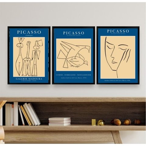Kit 3 Quadros Minimalistas Abstratos picasso 24x18cm - com Vidro:madeira Preta