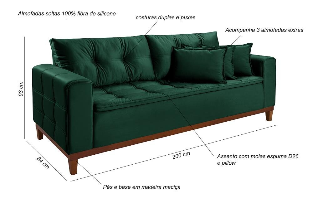 Sofá Atenas 2,00 Veludo Verde Base Madeira Living Império Estofados - 5