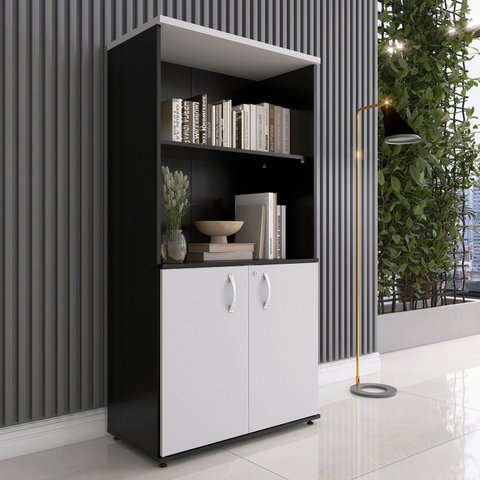 Armário para Escritório Misto 2 Portas Pivotante Cinza/Preto