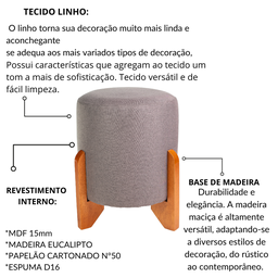 Kit 02 Puff Piave Decorativo Tecido Linho Banqueta Redondo Pés de Madeira Maciça - 5