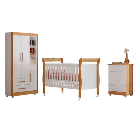 Quarto de Bebê Completo com Cômoda Berço com Colchão e Guarda Roupa Zara Tigus Baby Branco/amadeirad