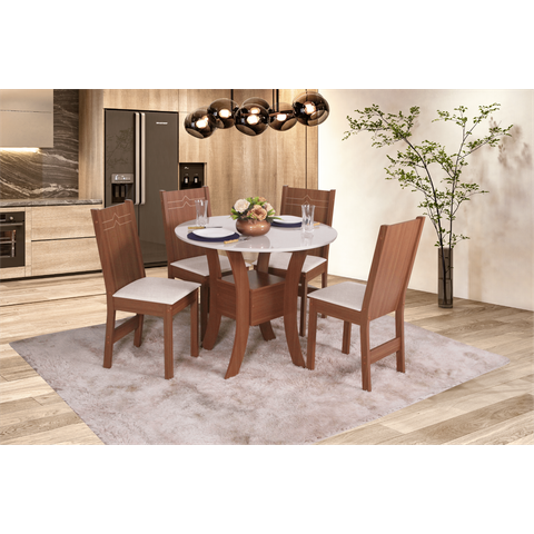 Conjunto Mesa Redonda Maya com 4 Cadeiras Paraty - Bagum Bege Naturalle e Off White