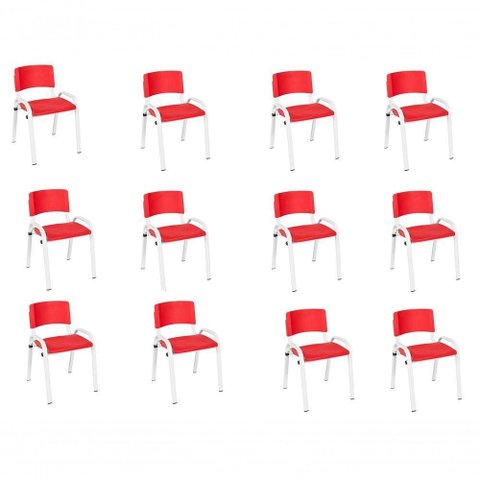 Kit 12 Cadeira Iso Infantil Creche, Base Branco Vermelho