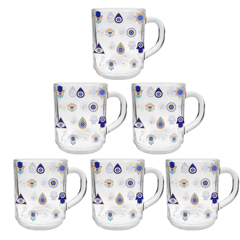 Kit 6unds Caneca de Café 250ml em Vidro Modelo Olho Grego