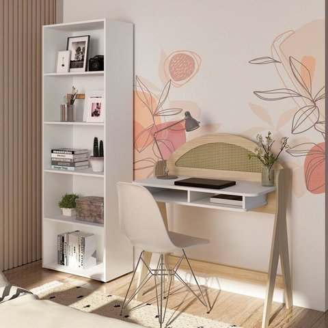 Conjunto de Escritório 2 Peças Estante Multy e Escrivaninha Ceci Desing Único Encantador Branco/Marrome
