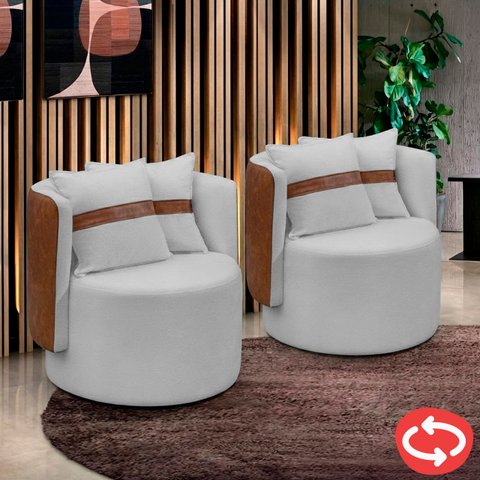 Kit 2 Poltrona Orgânica Base Giratória Maya Corino Nozes e Boucle Cru Redonda Decorativa - Arkell