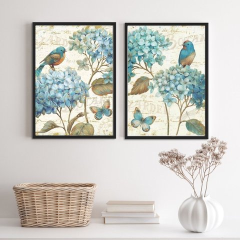 Kit 2 Quadros Decorativos Passarinhos Hortências 24x18cm - com Vidro:madeira Branca