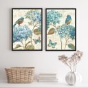 Ver imagem 1 de Kit 2 Quadros Decorativos Passarinhos Hortências 24x18cm - com Vidro:madeira Branca