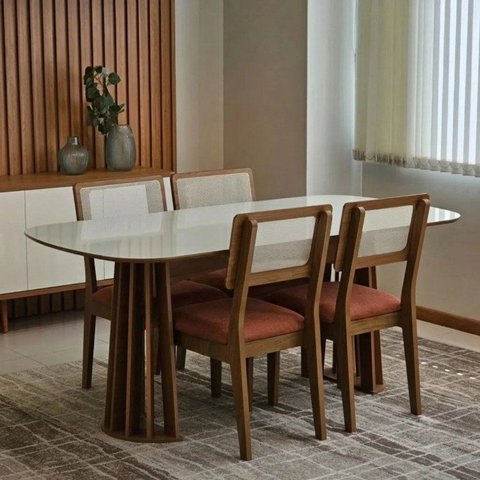 Conjunto para Sala de Jantar com Mesa Oval e 4 Cadeiras Estofadas Encosto Telado 100% MDF Bolonha Marrom/Madeirado/Terracota/Off White