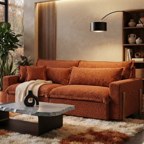Sofá Cama, Retrátil e Reclinável Dubai, 2,10m Tecido Bouclé, Terracota Molas Ensacadas.