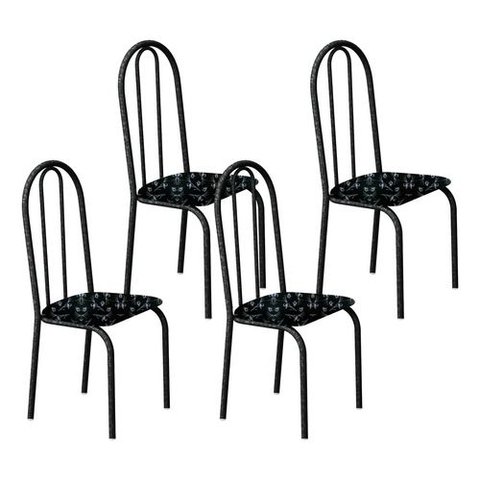 Kit 4 Cadeiras Ubatuba Corino Preto Lirio Tubo Martelado