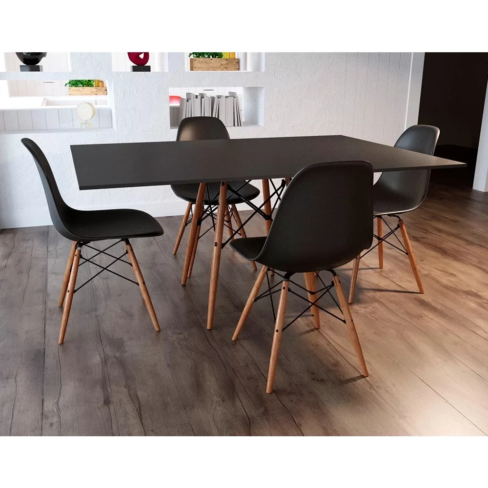 Conjunto De Mesa Eames Eiffel Retangular 120x75 Tampo De Madeira Preto Com 4 Cadeiras Pretas