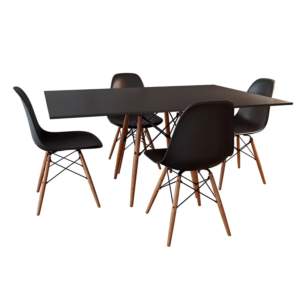 Conjunto De Mesa Eames Eiffel Retangular 120x75 Tampo De Madeira Preto Com 4 Cadeiras Pretas - 2