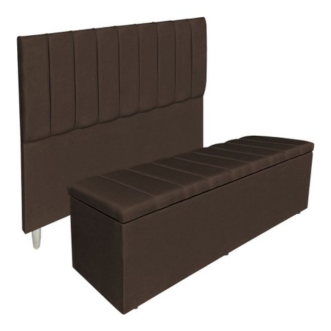 Kit Cabeceira e Calçadeira Baú Casal Queen 1,60m Londres Suede Marrom Dal Poz Estofados