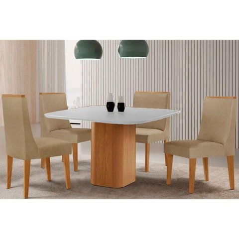 Conjunto Mesa Jantar Maldivas 4 Lugares Tampo MDF Vidro Cadeiras Dakota Estofadas Natural Bege 90x90