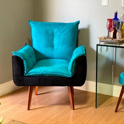 Poltrona Opala Composê Azul Tiffany/ Preto Cadeira Decorativa Recepção - Bela Móveis