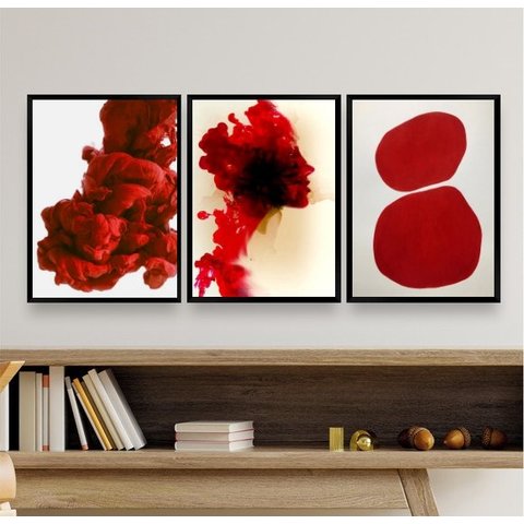 Kit 3 Quadros Decorativos Formas Abstratas Vermelhos 24x18cm - com Vidro:madeira Branca
