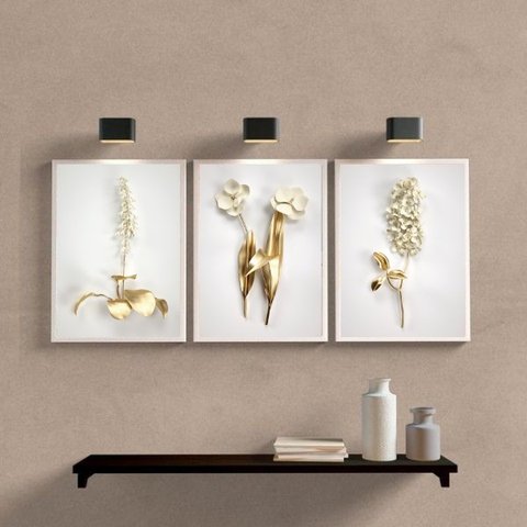 Kit 3 Quadros Flores Dourado Com branco 24x18cm:madeira Branca