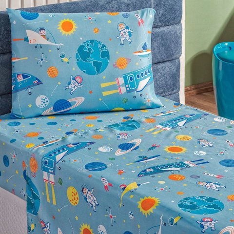 Conjunto de Lencol Solteiro Bouti 3 Pçs Jogo de Cama Infantil 200 Fios Super Macio:astronauta