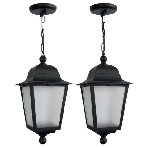 Kit 2 Lustres Pendentes Clássico Colonial Termoplástico Preto Lente Fosca E27 Soberana Dital