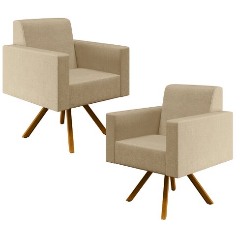 Kit 02 Poltronas Decorativa Giratória Base de Madeira Helô L02 Linho Bege Escuro - Lyam Decor