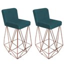 Ver imagem 1 de Kit 02 Banqueta Alta Com Encosto Loki Cozinha Bar Balcão Bistrô Ferro Bronze Suede Azul Turquesa