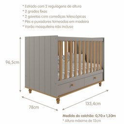 Berço Americano de Bebê Gavetas Embaixo Telescópicas Fendi MDF Com Regulagem Altura E Pés - 4