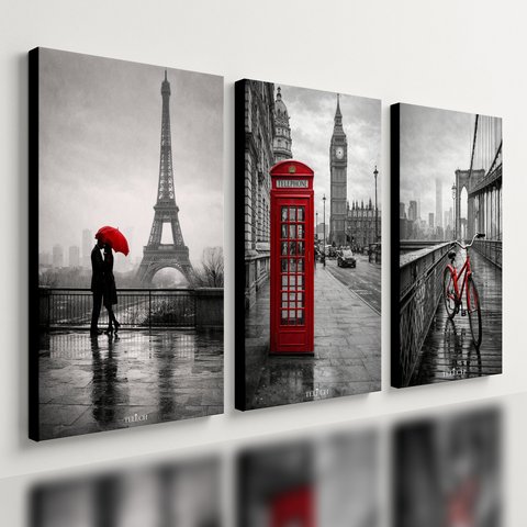 Kit 3 Quadro Decorativo Paris Londres Nova York Cidade Casal 28x20cm