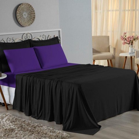 Jogo de Cama Casal Viúva Nobre 4 Peças Malha 100% Algodão - Preto / Roxo