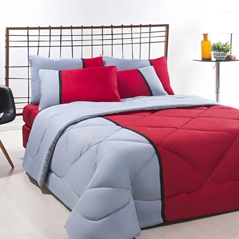 Enxoval Edredom + Jogo de Cama Queen Aconchego Premium 06 Peças Vermelho- Cinza